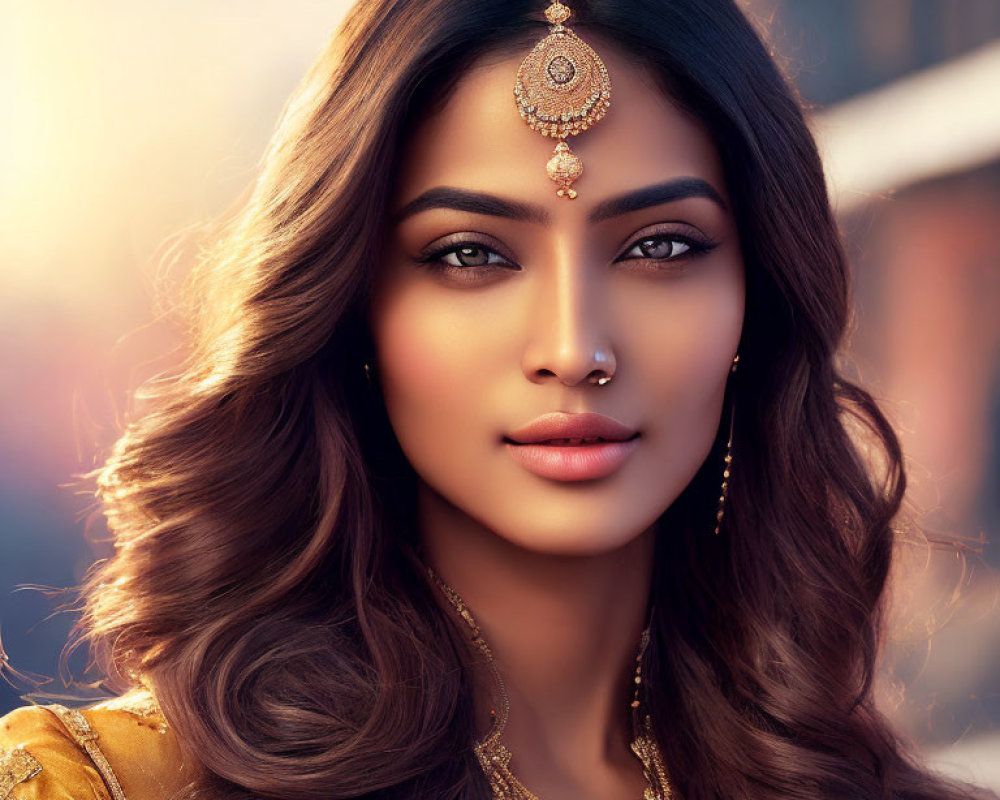 Woman with Wavy Hair, Nose Ring, and Ornate Headpiece in Golden Outfit