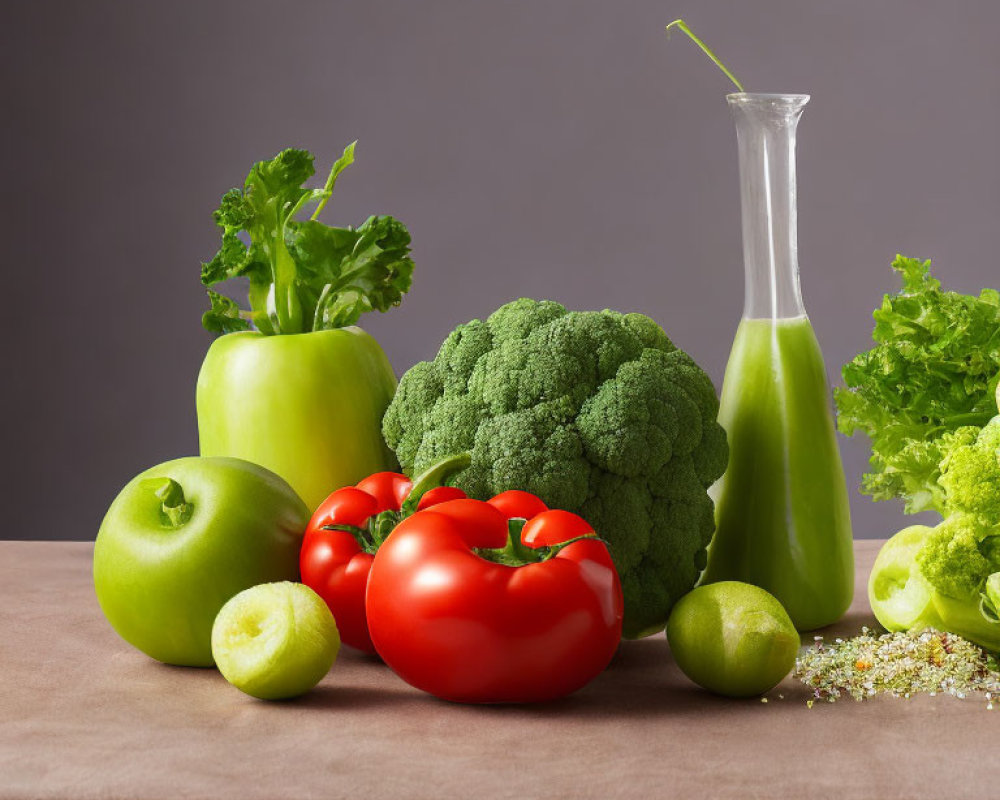Vibrant still life with fresh vegetables and green juice