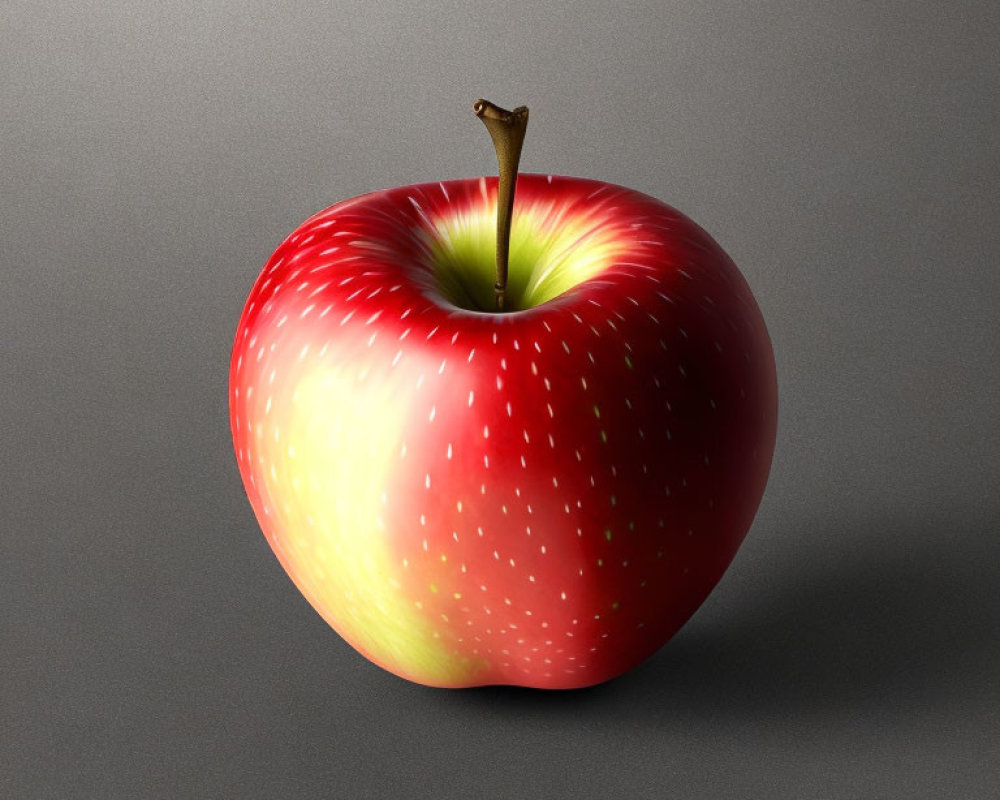 Ripe red apple with yellow blush and brown stem on grey surface