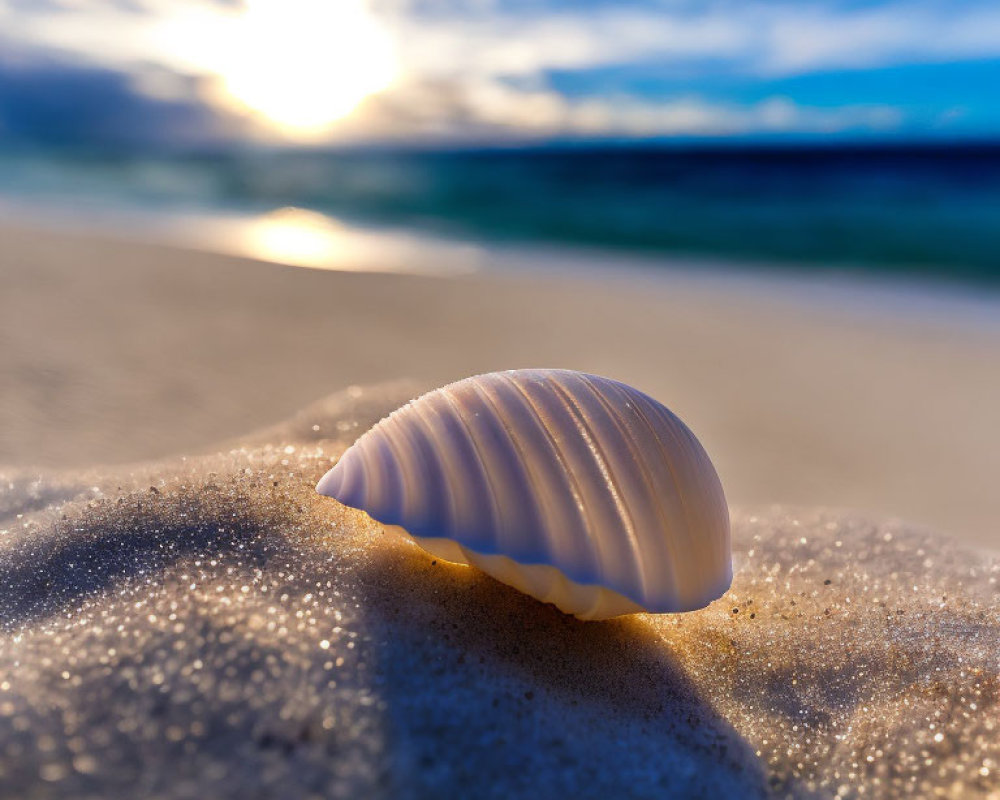 White seashell on sandy beach with ocean backdrop at sunset