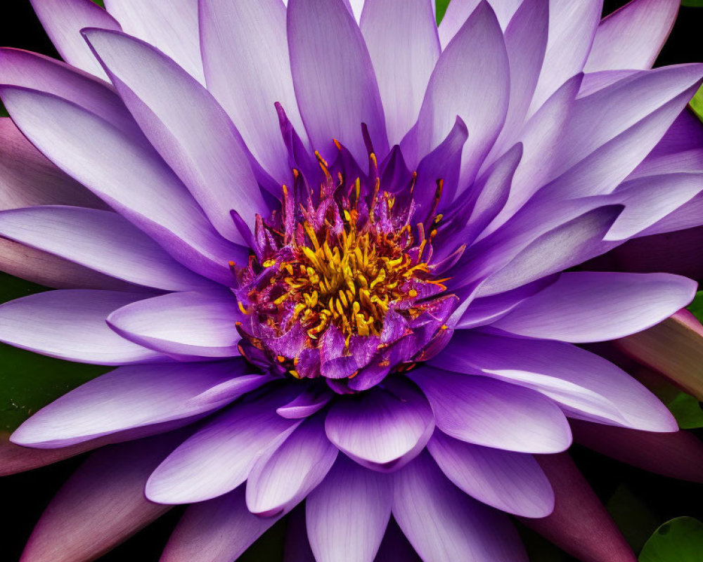 Vibrant Purple Water Lily with Bright Yellow Center on Dark Green Leaves