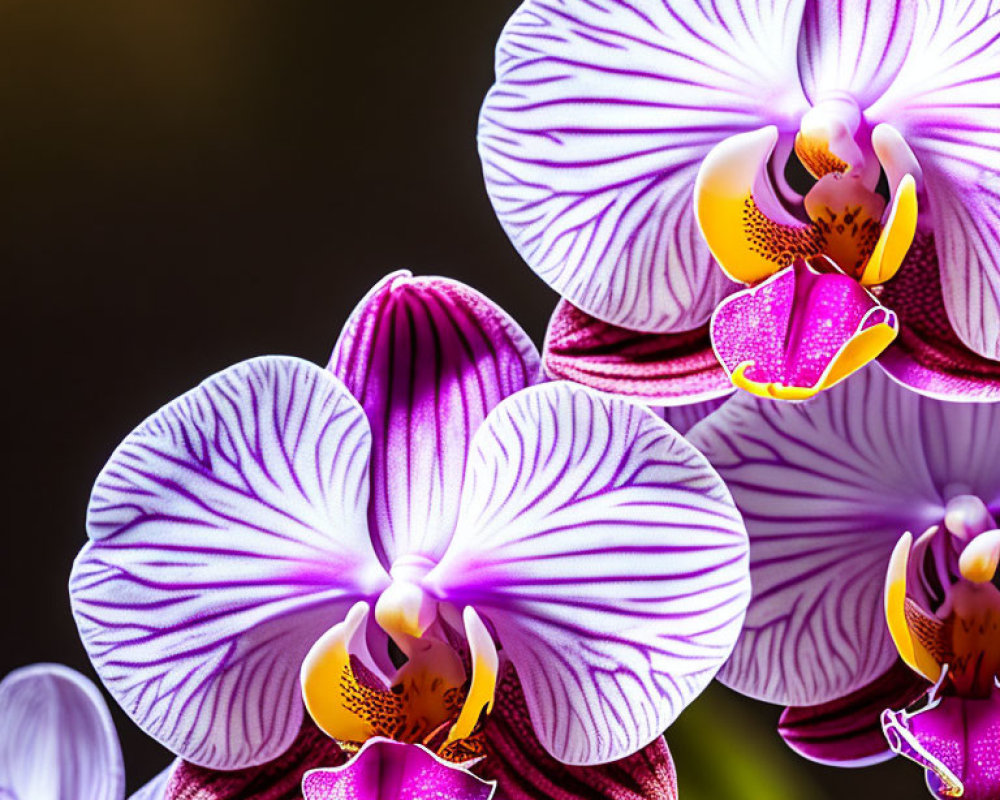 Vibrant purple and white striped orchids with yellow centers on dark background