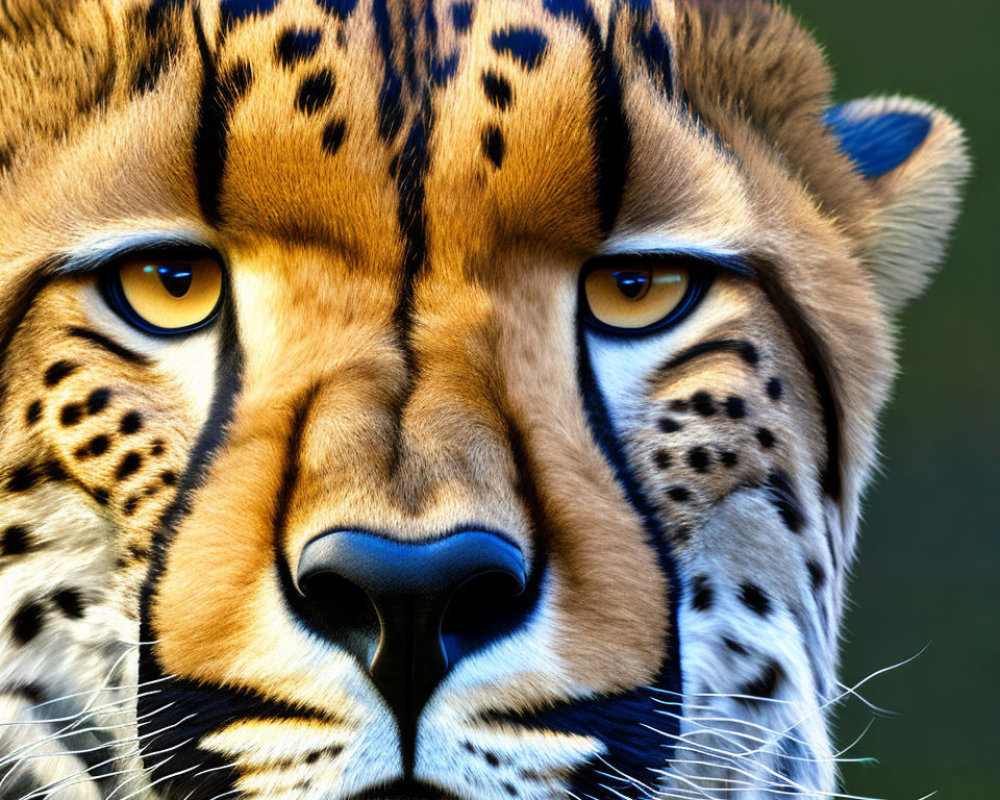 Detailed Close-Up of Cheetah's Face: Fur Texture, Yellow Eyes, Tear-Like Mark