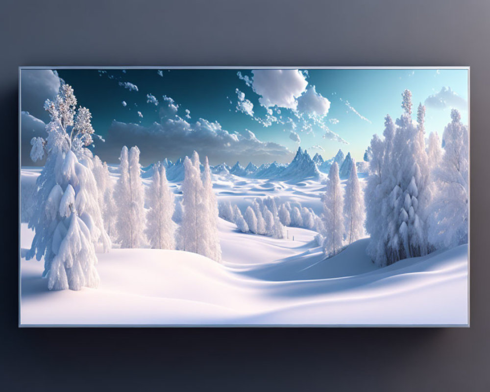 Snow-covered trees in serene winter landscape on widescreen monitor