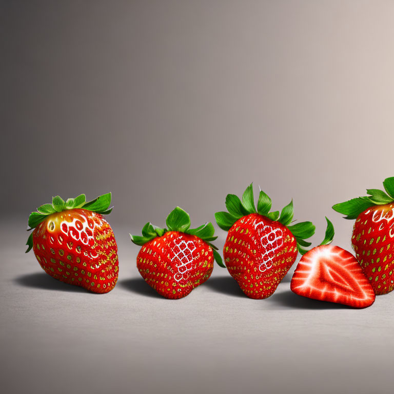 Fresh ripe strawberries with vibrant red coloring and green leaves on neutral background.