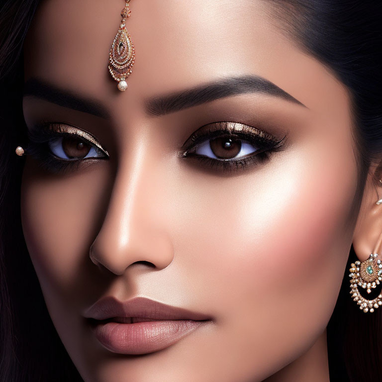 Woman with Striking Makeup and Elegant Jewelry Featuring Maang Tikka, Nose Ring, and Earrings