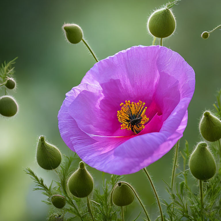 Vibrant pink poppy with dark center and yellow stamens on soft green background