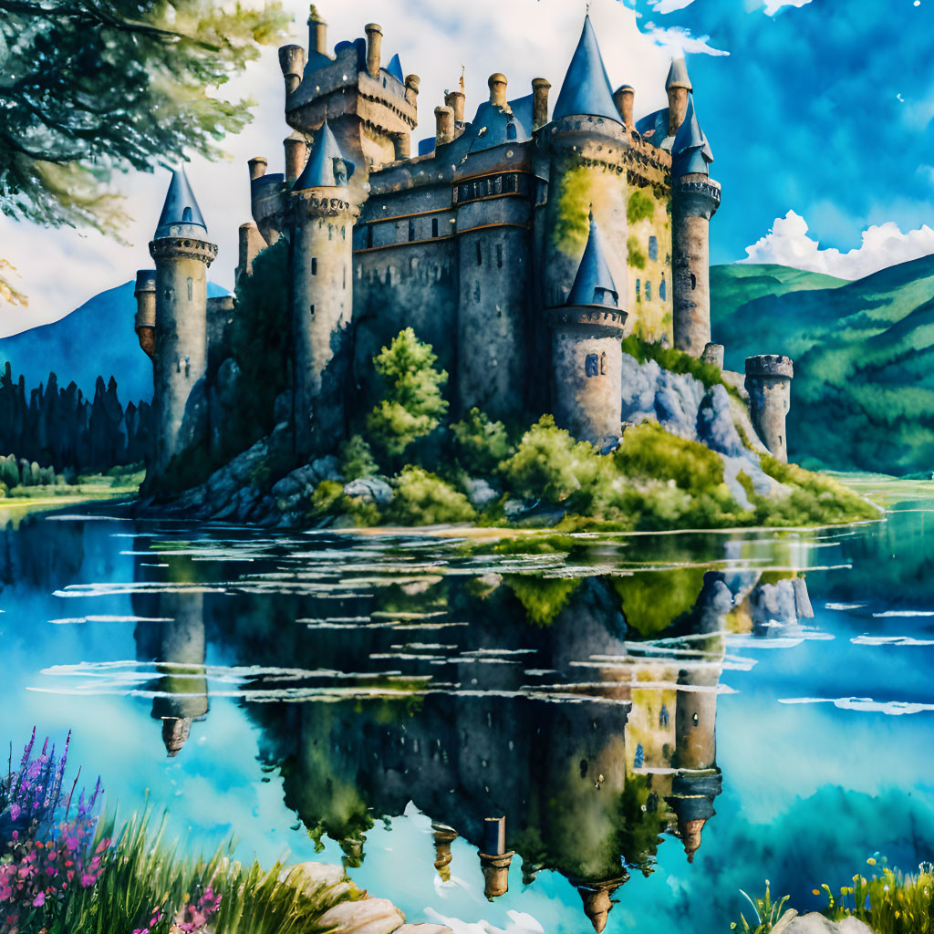 Majestic castle with spires on island, reflecting in serene blue waters