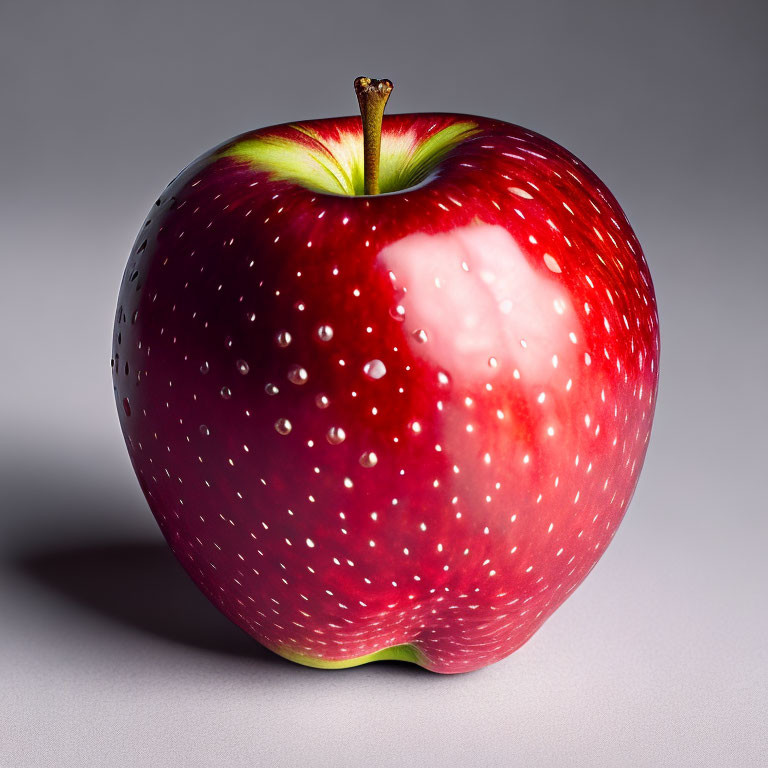 Fresh Red Apple with Water Droplets on Gray Background