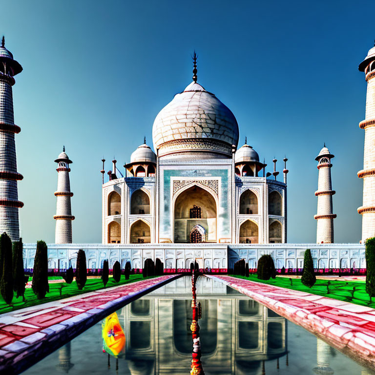 White Marble Taj Mahal with Four Minarets and Water Reflection