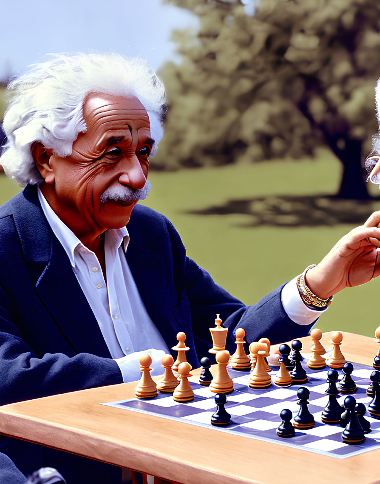 Elderly person with white hair playing chess in park