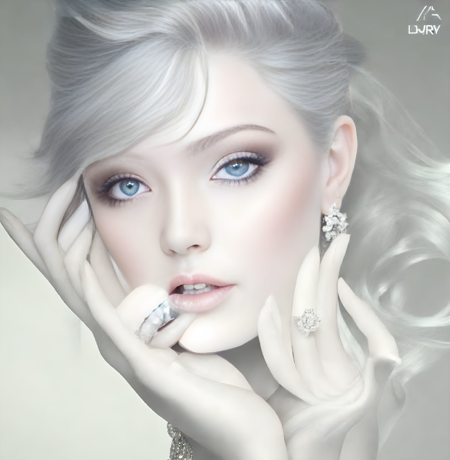 Digital art portrait: Woman with blue eyes, silver hair, and elegant jewelry in fantasy or high-fashion