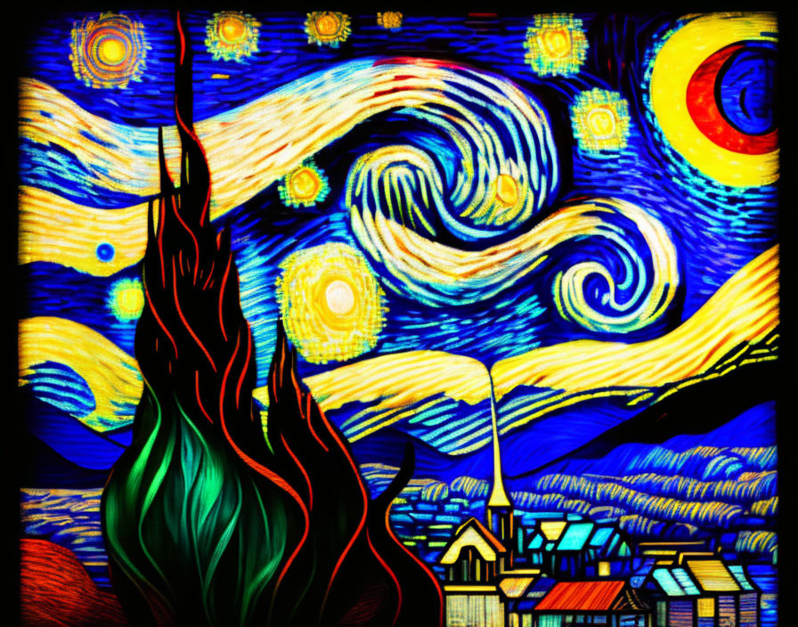 Colorful artwork: swirling night sky, glowing stars, crescent moon, fiery cypress tree