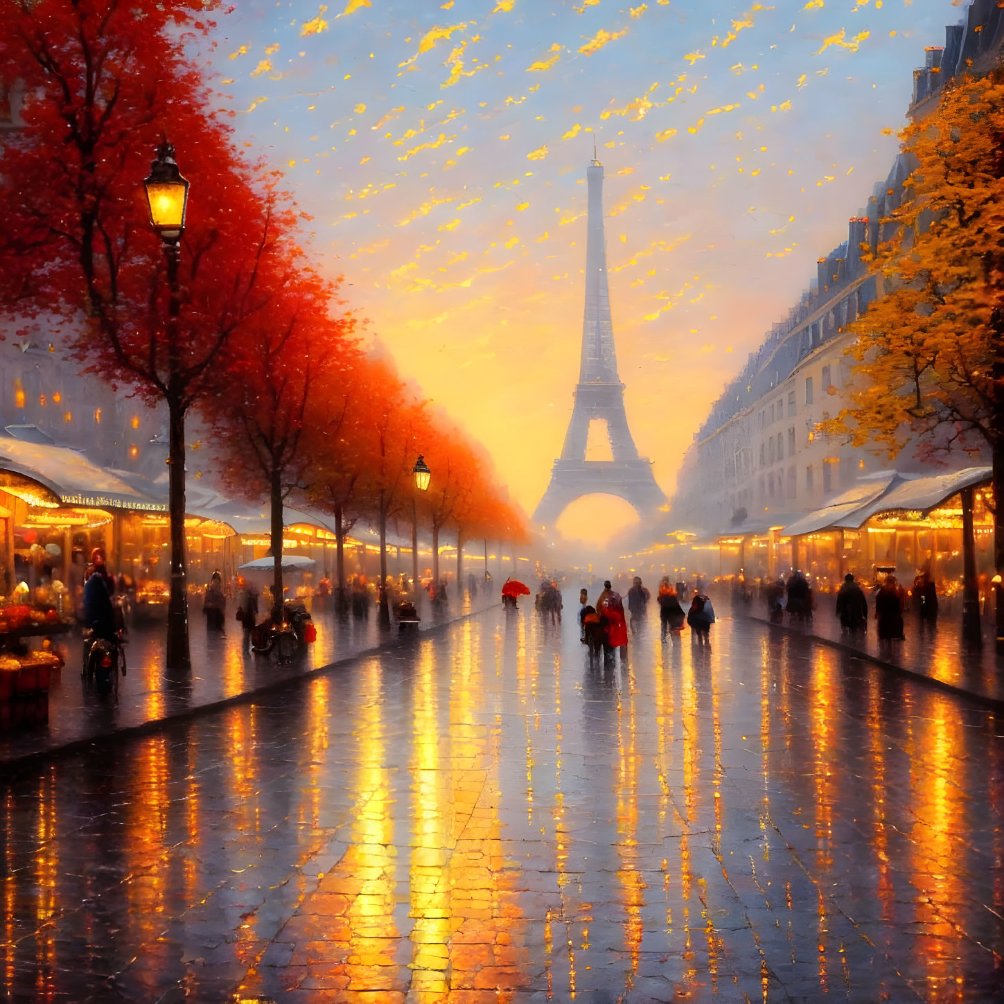 Autumn Eiffel Tower scene with golden leaves and people strolling