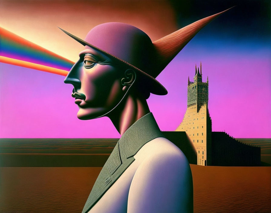 Surreal profile portrait with rainbow hat in desert landscape
