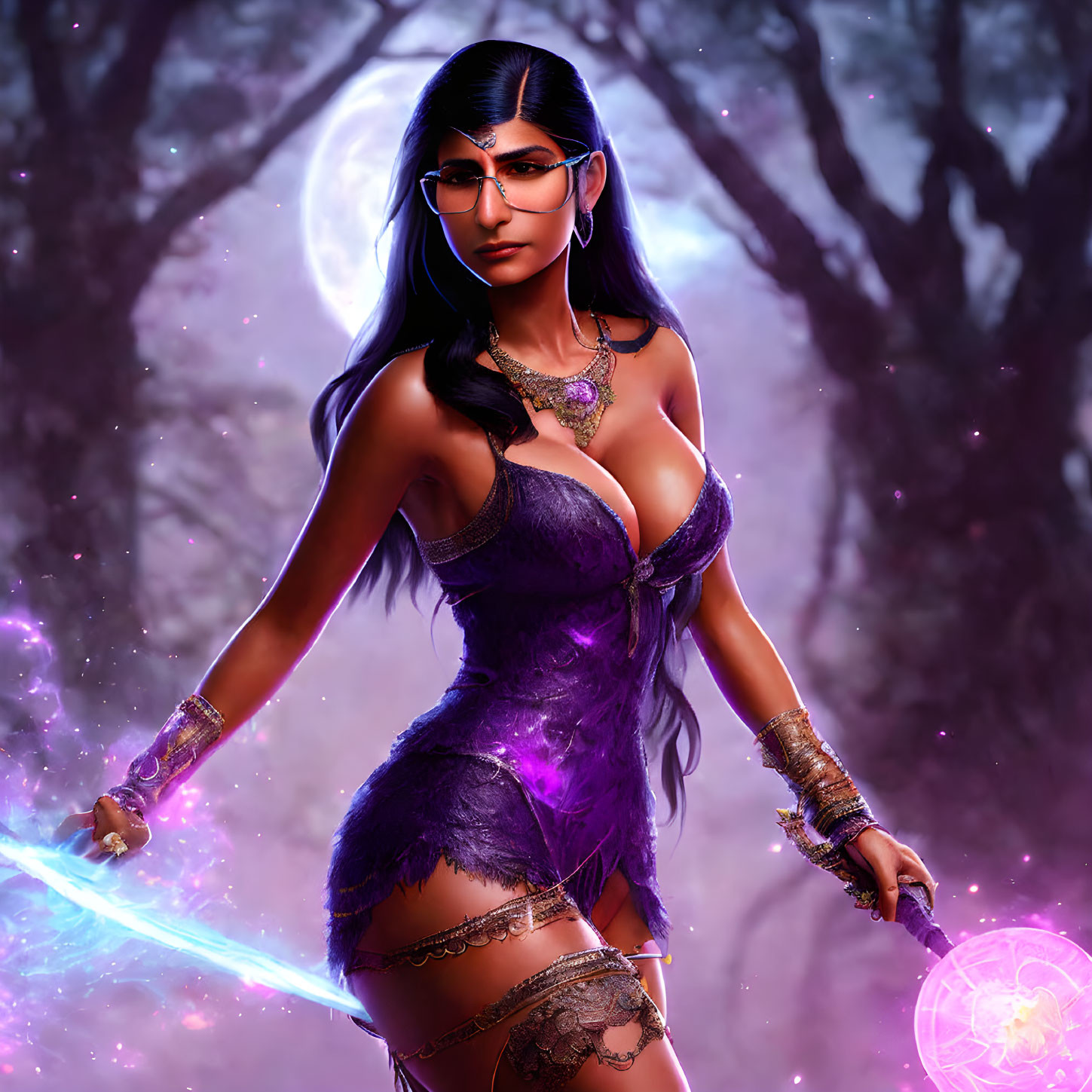 Fantasy Illustration of Woman in Glowing Purple Attire with Mystical Weapons