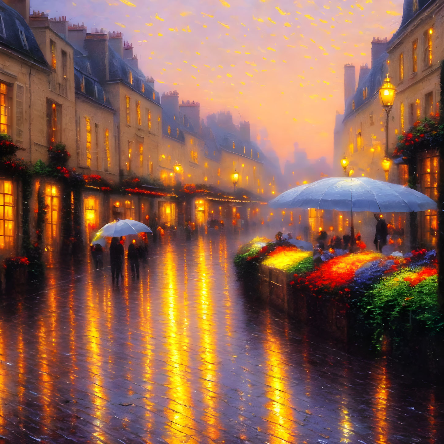 City street at twilight with glowing lights, wet cobblestones, umbrellas, and colorful flowers