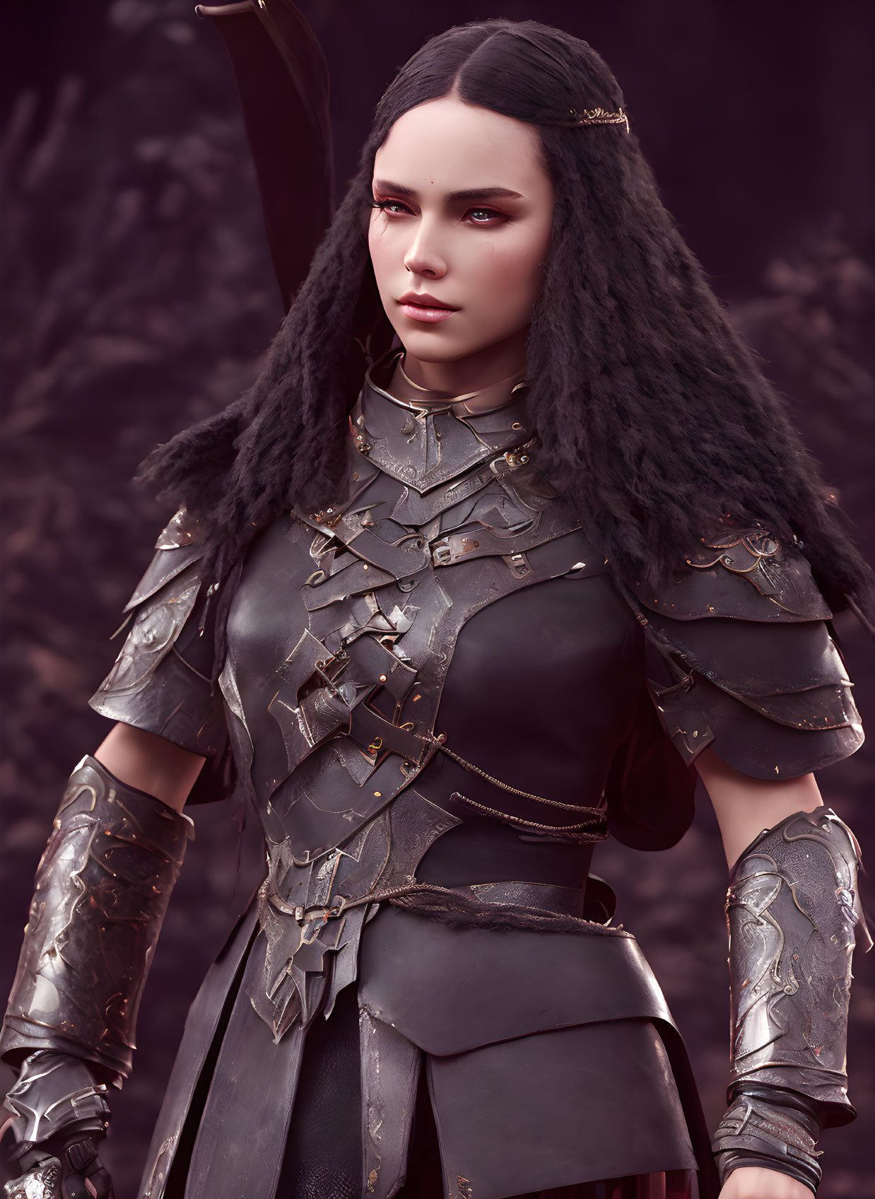 Warrior woman in dark armor with intense gaze in mystical forest