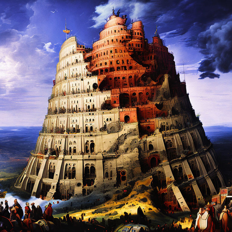 Towering multi-level structure resembling Tower of Babel amidst dramatic sky