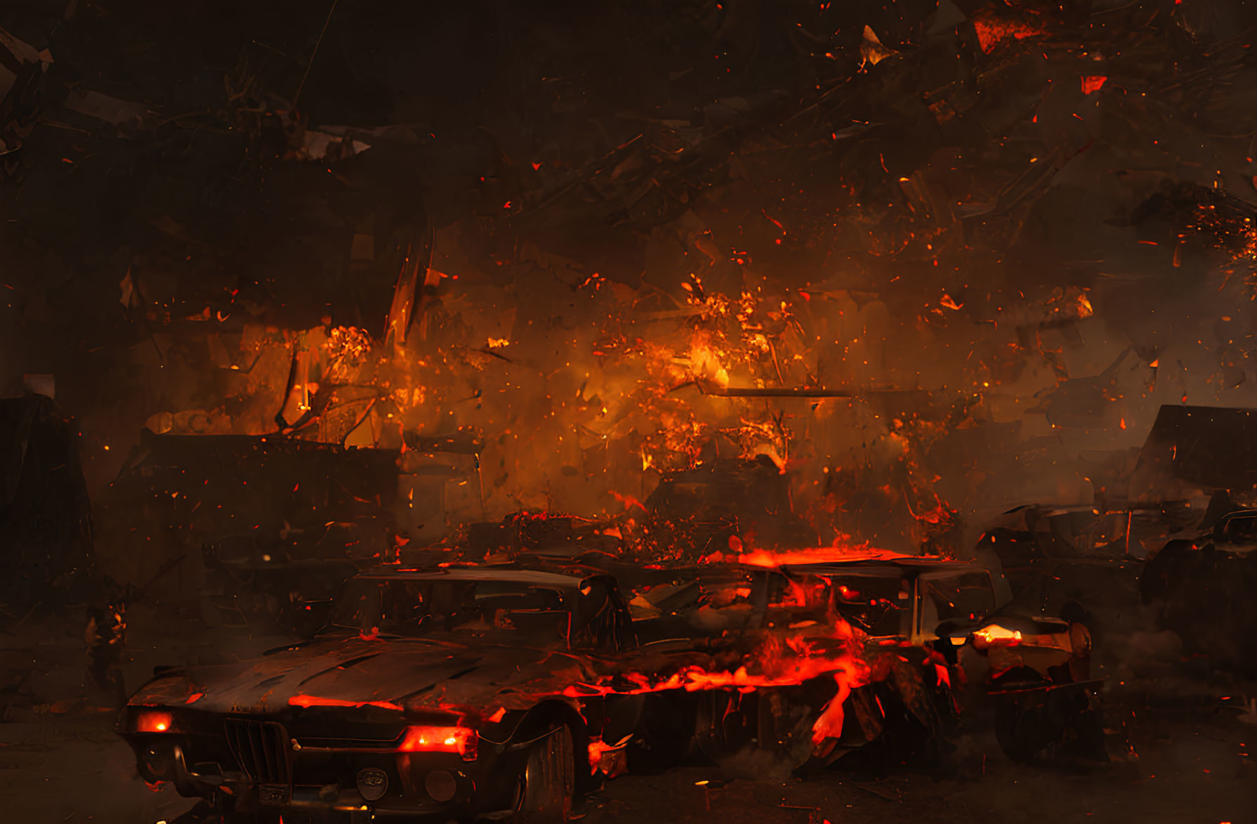 Apocalyptic Scene: Destroyed Cars, Flames, Smoke, Debris