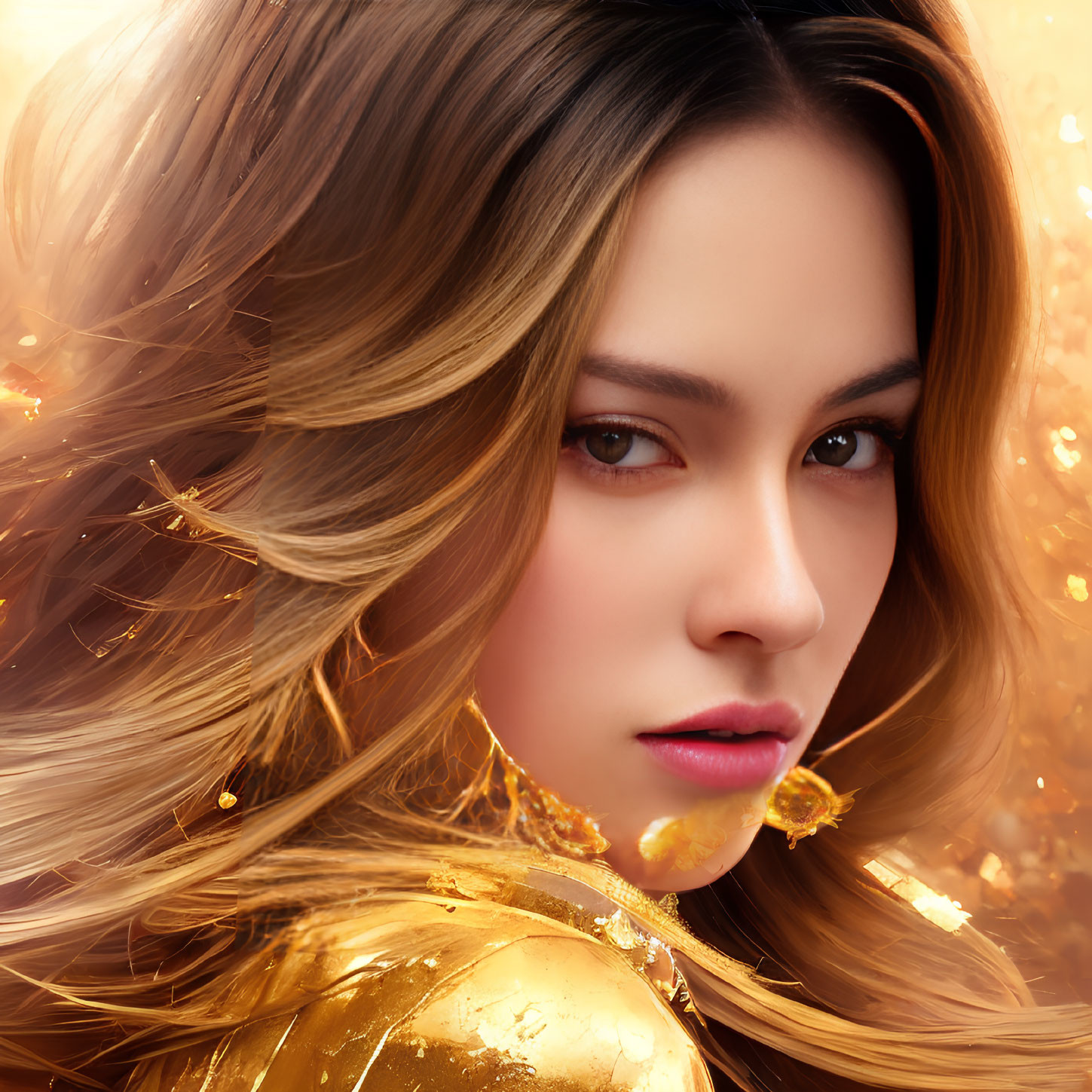 Golden-haired woman with sparkling adornments in digital art.
