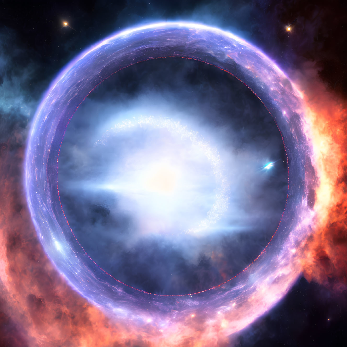 Colorful cosmic scene with glowing ring nebula and celestial core.