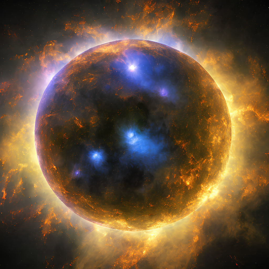 Glowing celestial body with blue nebulae against fiery orange backdrop