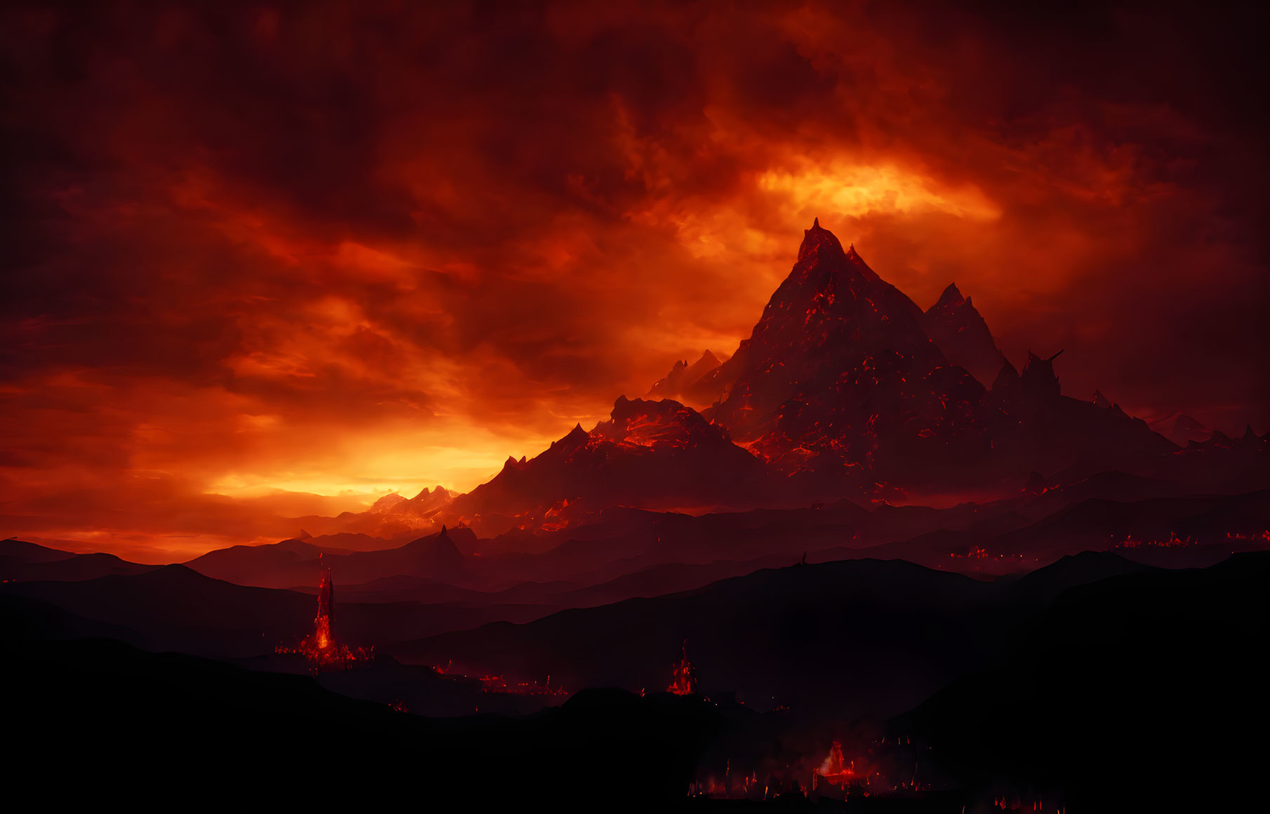 Vibrant red and black landscape with silhouetted mountains and fiery sky.