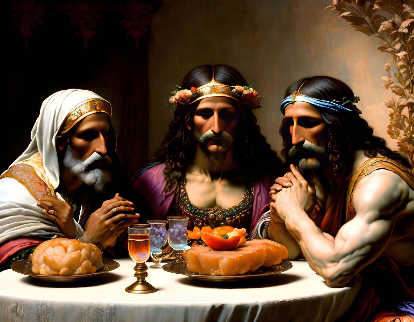Three bearded men in classical attire seated at a table with bread, fruit, and wine.