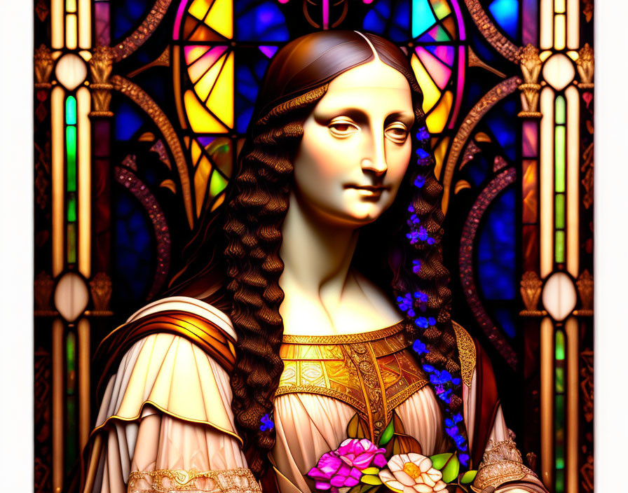 Colorful Mona Lisa Illustration Against Stained Glass Backdrop