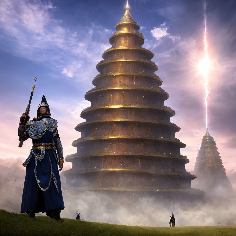 Person in historical armor at foggy pagoda under dramatic sky