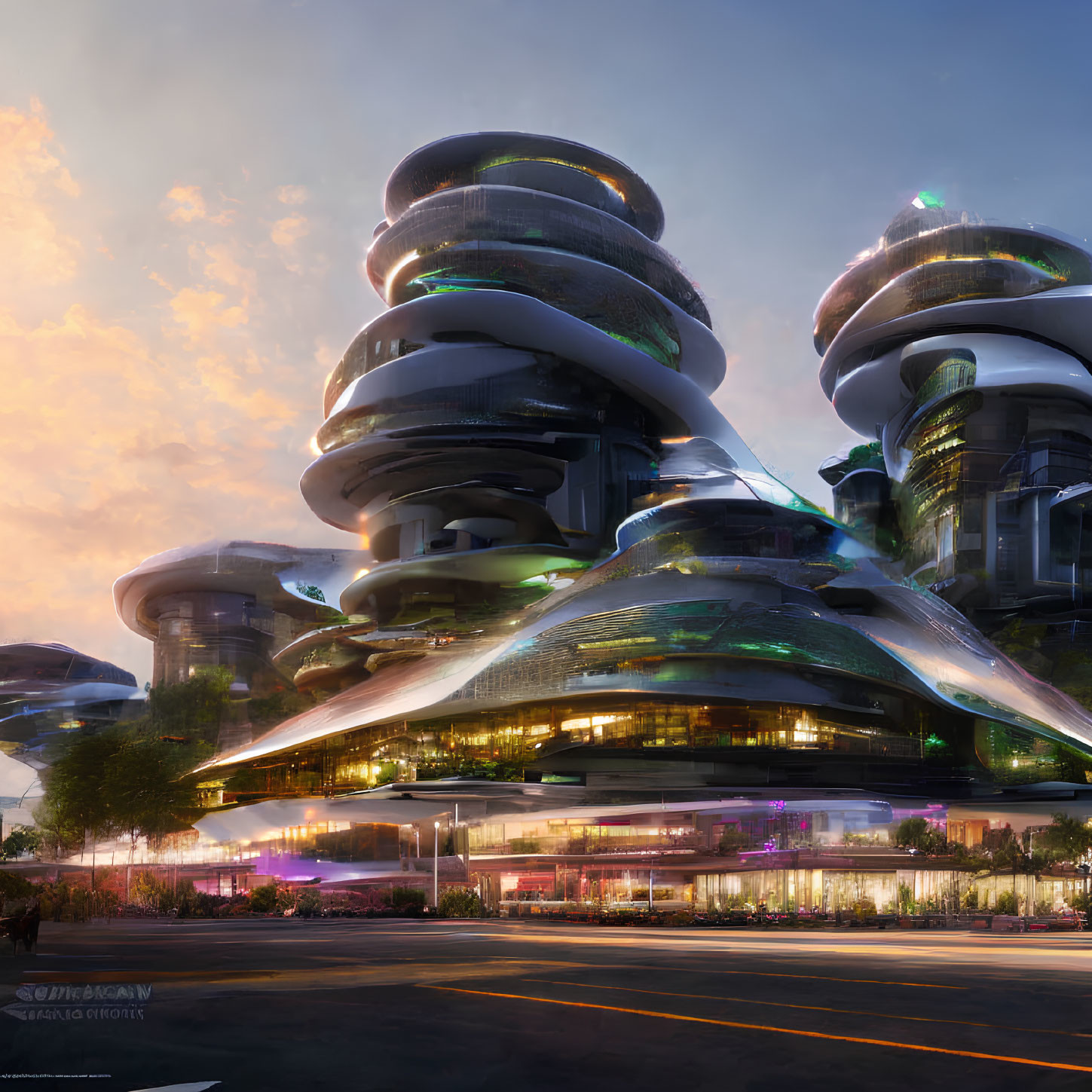 Twilight futuristic cityscape with spiraling skyscrapers