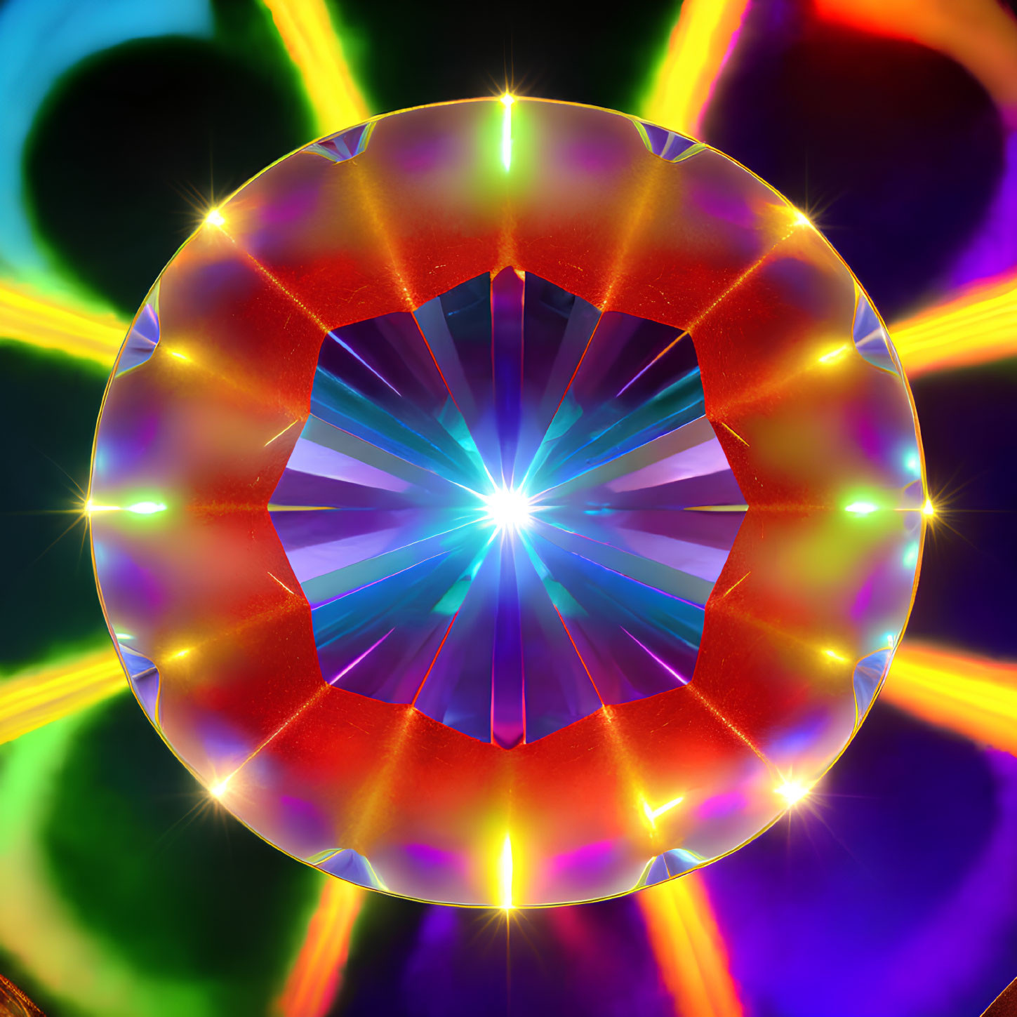 Colorful Abstract Artwork with Starburst Center and Prismatic Ring