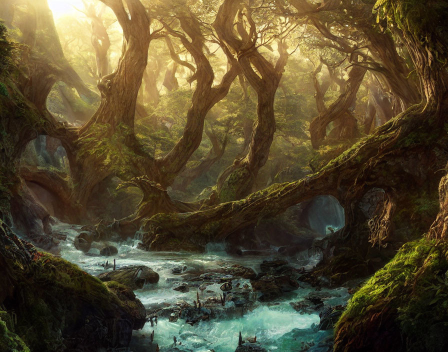 Enchanting forest with twisting trees and serene stream in sunlight