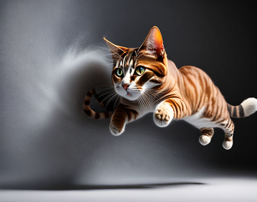 Striped cat mid-leap with focused fur against shadowy background