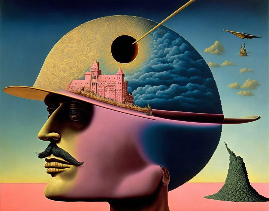 Surreal profile of a man with landscape and castle helmet
