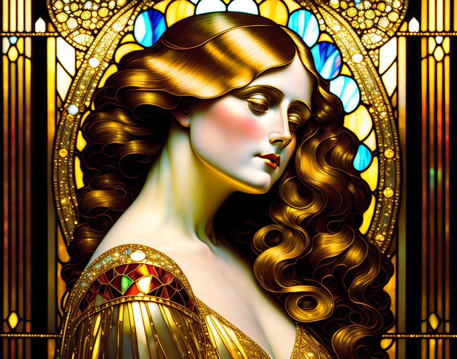 Woman in Golden Dress with Flowing Hair in Art Nouveau Style