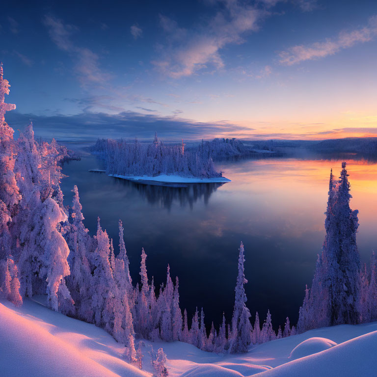 Snow-covered trees reflected in calm lake under twilight sky