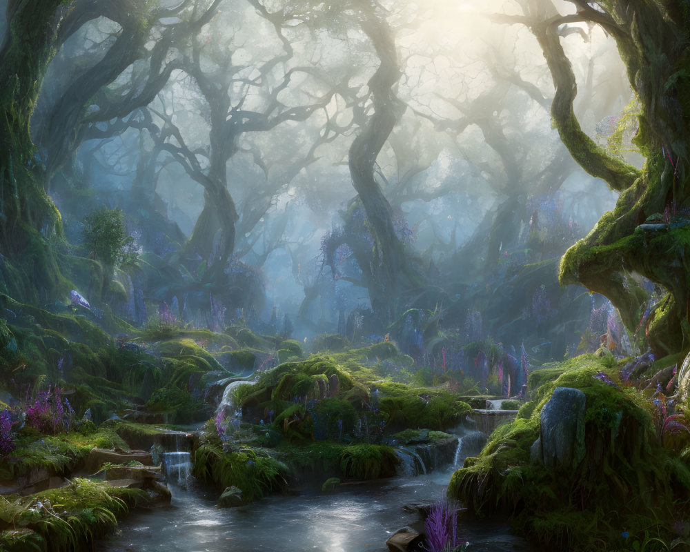Serene forest scene with sunlight, stream, moss, and flowers