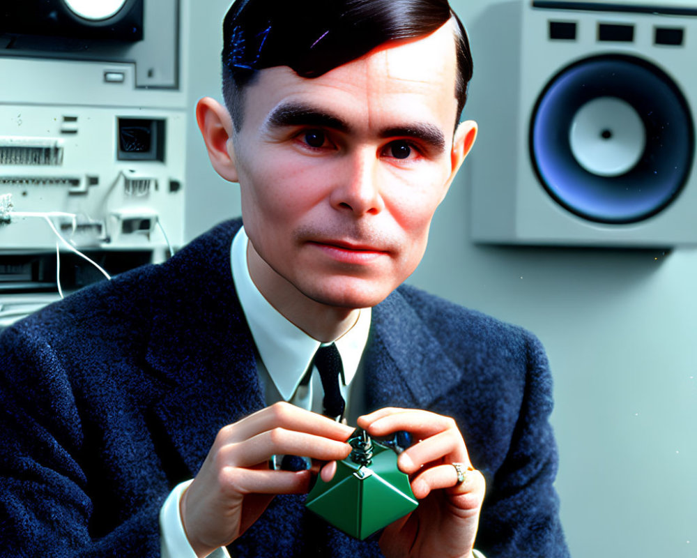 Vintage Man in Suit Holding Geometric Object with 1960s Electronics