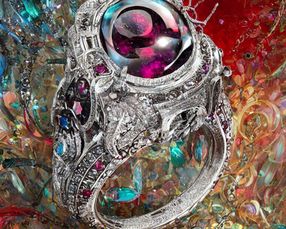 Silver ring with large iridescent gemstone & colorful gems on abstract background