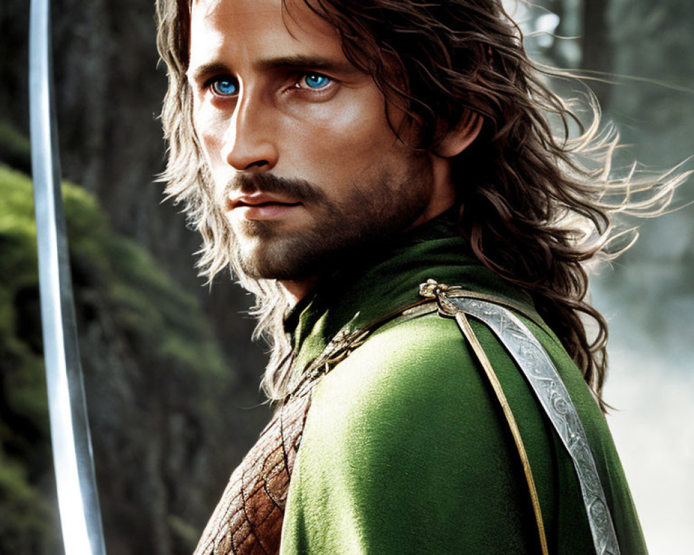 Man with long curly hair and blue eyes in green cloak with sword in misty forest