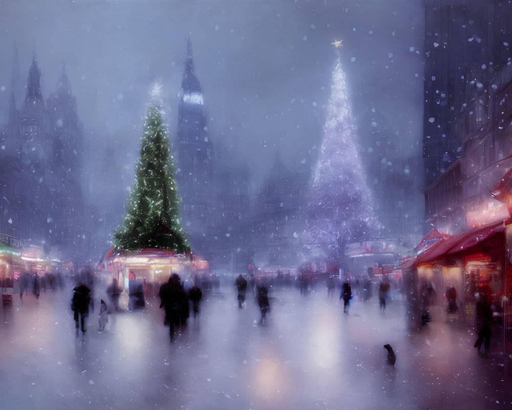 Holiday Market with Illuminated Christmas Tree and Snow-Covered Buildings