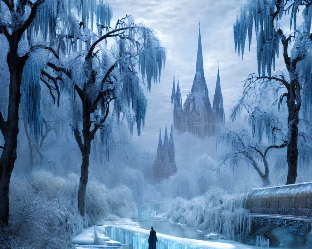 Solitary figure at frozen river near icy Gothic cathedral