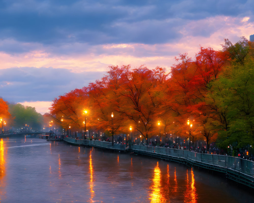 City river at twilight with glowing street lamps and autumn trees.