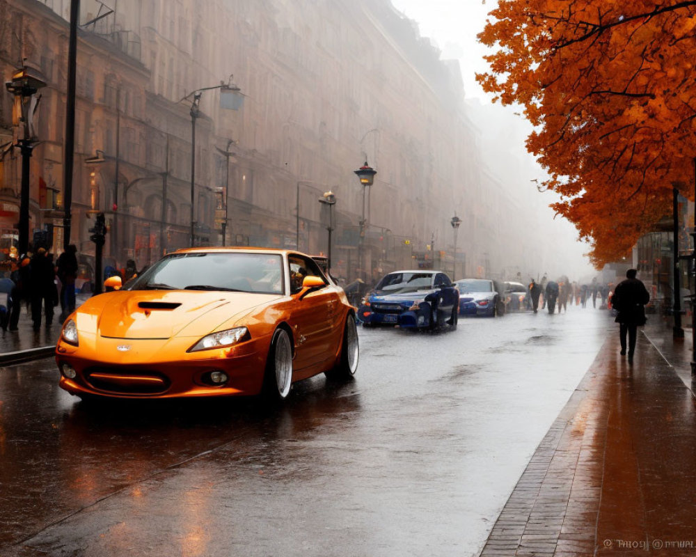 Orange Sports Car Parked on Wet City Street with Autumn Trees and People Walking