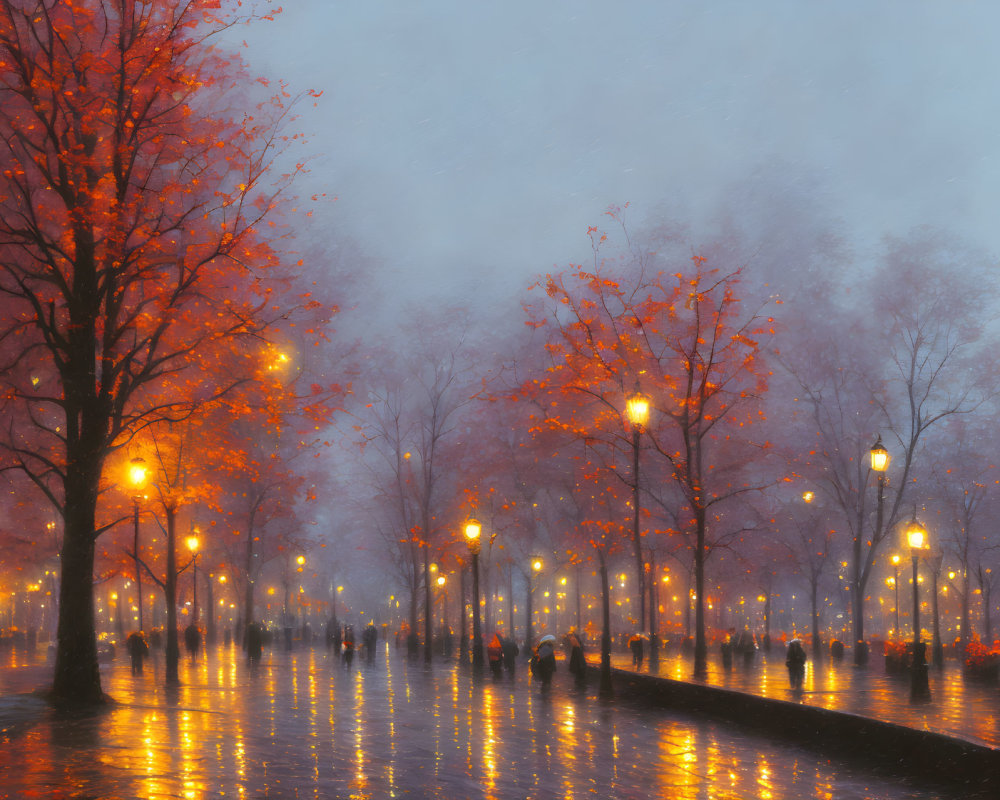 Autumn evening with glowing street lamps, wet pavement, trees with leaves, and figures in mist.