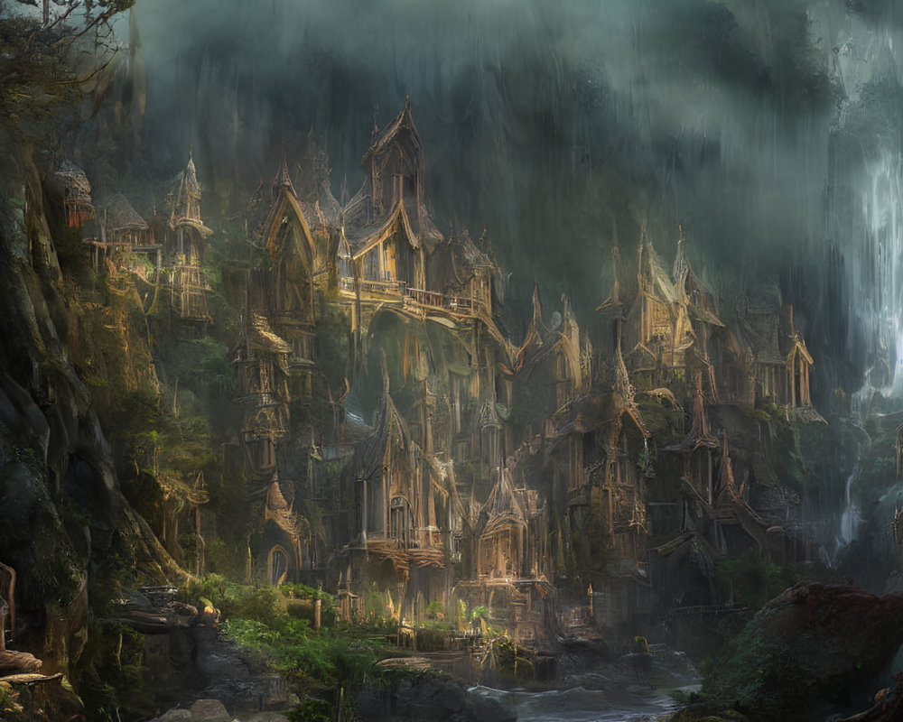 Fantasy forest with intricate treehouses & waterfall