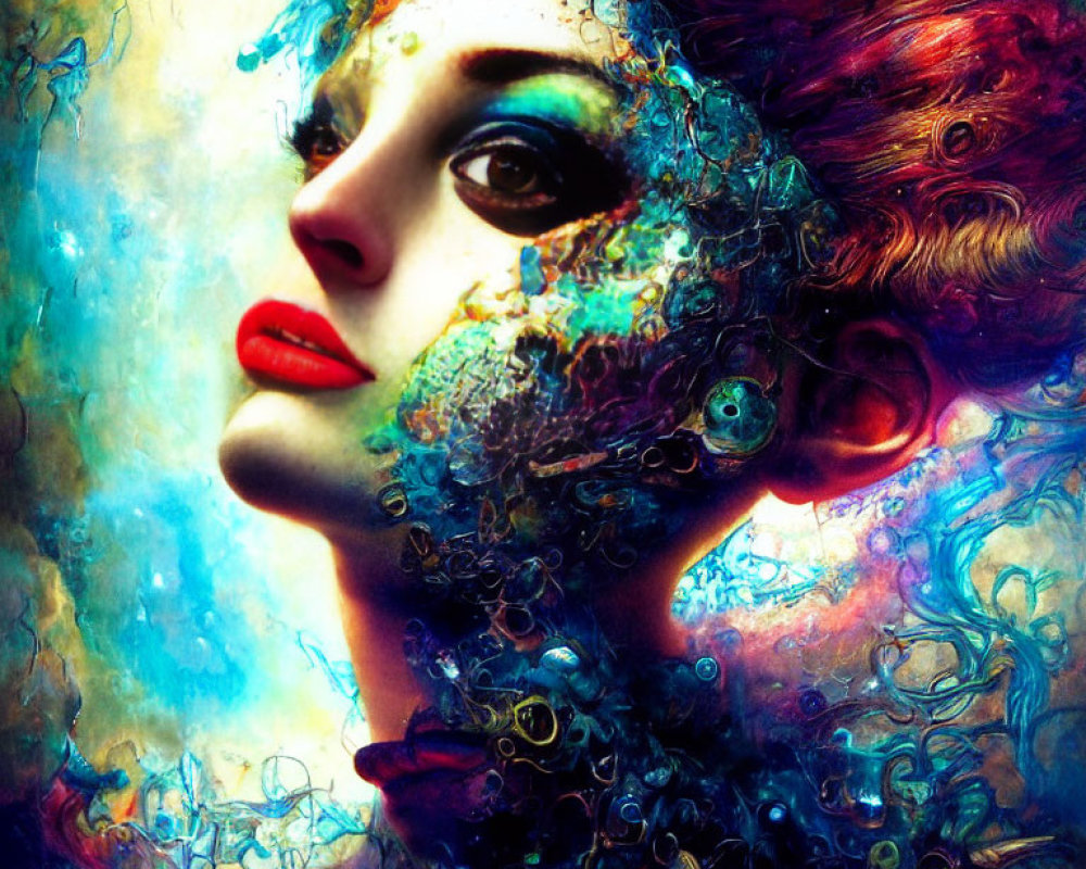 Colorful Abstract Texture Portrait of Woman with Red Lips