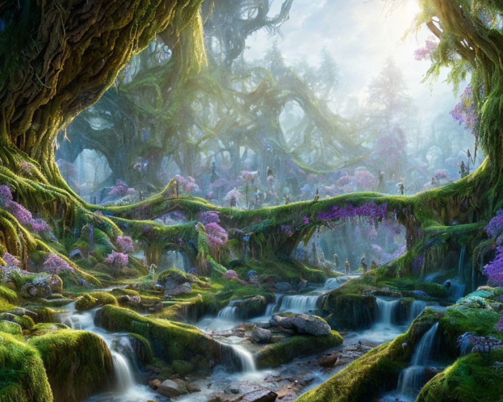 Sunlit enchanted forest with moss, streams, and purple flowers